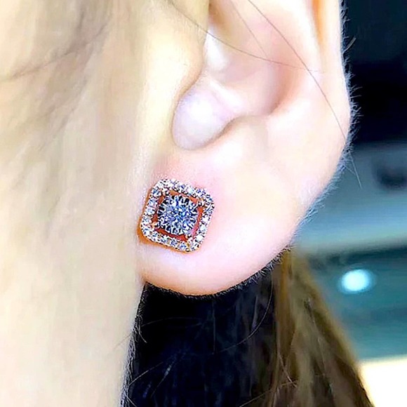 Zircon Halo Square Cut Earrings, Princess Cut Stud - Picture 4 of 4